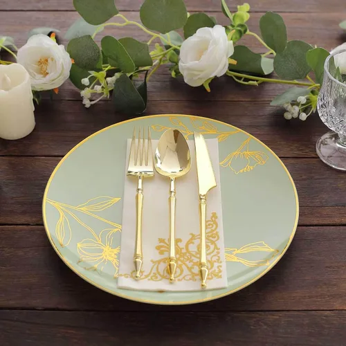 Miniatura 9 de Efavormart - Juego de 20 platos de plástico floral azul polvoriento, dorados, platos de 10 pulgadas y platos de postre de 7 pulgadas