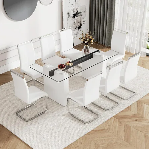 Miniatura 12 de Juego de mesa de comedor de vidrio de 71 pulgadas para 6, mesa de comedor para 6, mesa de vidrio templado con marco de MDF blanco y 6 sillas