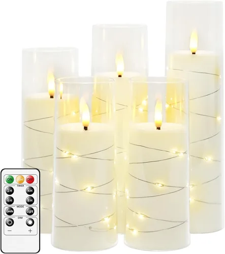 Miniatura 18 de kakoya Velas LED sin llama con temporizador de 5 piezas, velas parpadeantes sin llama para ambiente romántico y decoración del hogar, carcasa dorado