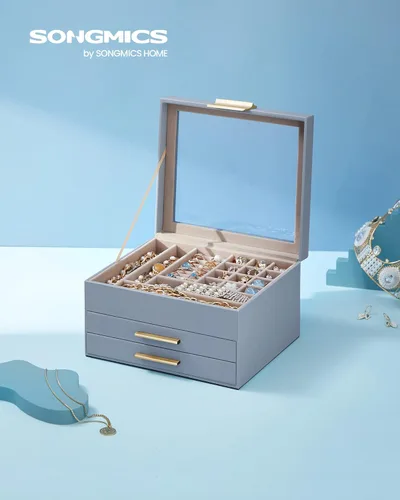 Miniatura 7 de SONGMICS Joyero con tapa de vidrio, organizador de joyas de 3 capas, 2 cajones, para joyas grandes y pequeñas, almacenamiento de joyas