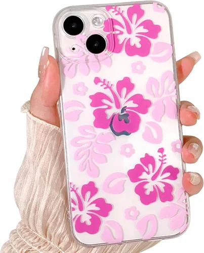 Lovmooful Funda compatible con iPhone 14, bonito diseño transparente de flores de hibisco con estampado floral para niñas y mujeres, TPU suave a