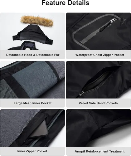 Miniatura 6 de Pursky Chaqueta de esquí impermeable para hombre abrigos de nieve de invierno abrigos de piel con capucha