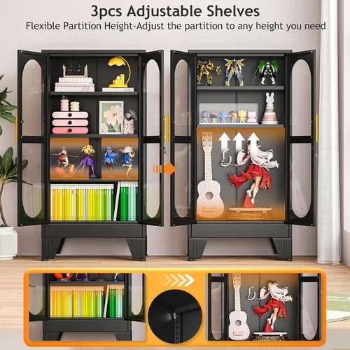 Miniatura 3 de PAOFIN Vitrina de Exhibición con Cerradura de 47" de Alto con Puerta de Vidrio, Gabinetes de Metal con 3 Estantes Ajustables, Gabinete Vitrina