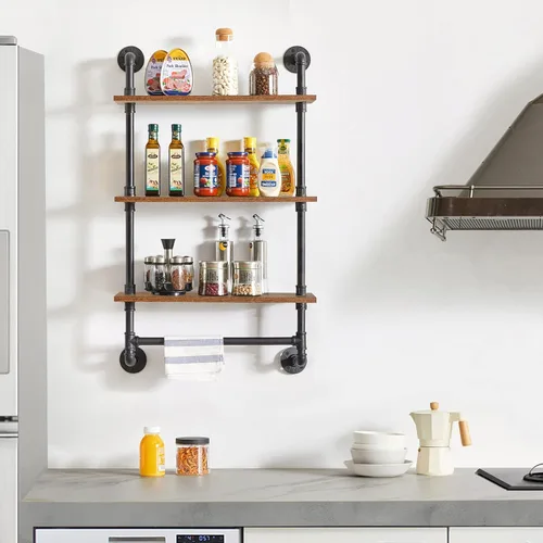 Miniatura 2 de IBUYKE Estante industrial para tubería, estantería de montaje en pared de 40.5 pulgadas, estante de pared de 3 niveles con toallero, estantes