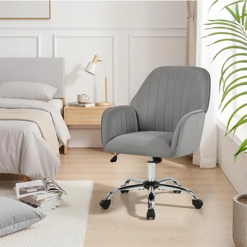 Miniatura 9 de Yaheetech Boucle - Silla de tocador de escritorio con respaldo, cómoda silla rodante de oficina con ruedas, ergonómica, altura ajustable, giratoria