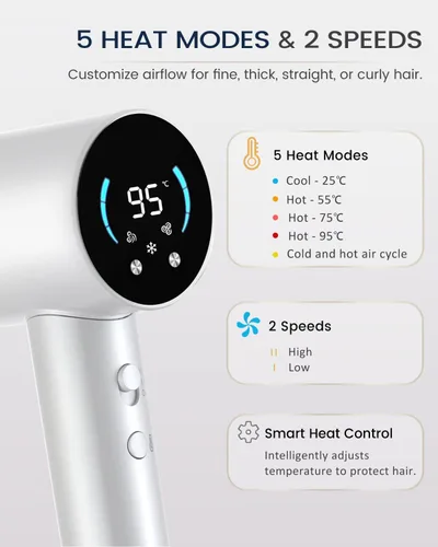 Miniatura 5 de Secador de pelo iónico, secadora de arco de alta velocidad de 120,000 RPM con difusor para cabello rizado, grueso y encrespado, secador de pelo