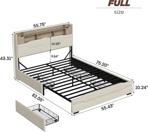 Miniatura 2 de Maupvit Base de cama matrimonial con cabecera de almacenamiento, 4 cajones debajo de la cama y luces LED, plataforma tapizada con estación de carga