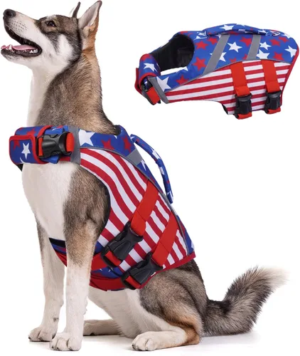 Miniatura 15 de Kuoser Chaleco salvavidas para perros con rayas reflectantes, chaleco salvavidas ajustable para mascotas con alta flotación, traje de baño