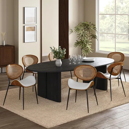 Miniatura 11 de HULALA HOME Juego de 4 sillas de comedor con respaldo de ratán, modernas sillas laterales de cuero con patas de metal, cómodas para sala de beige