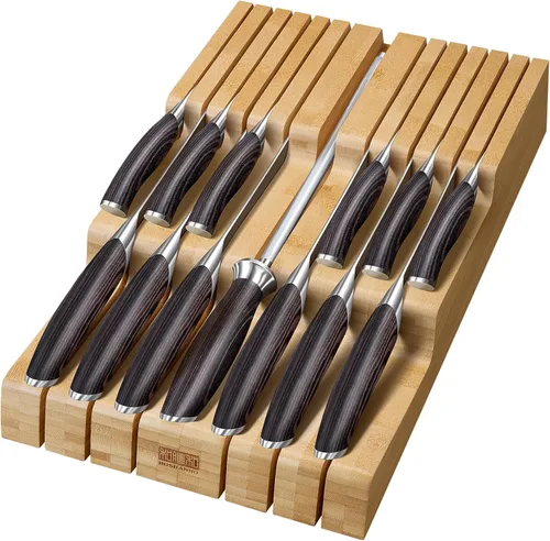 Miniatura 8 de HOSHANHO Bloque de cuchillos en el cajón, organizador grande de cajones de cuchillos de bambú para 12 cuchillos, soporte para cuchillos de cocina