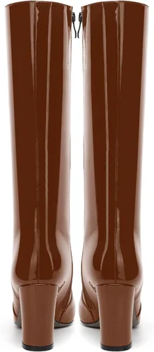 Miniatura 200 de AMBELIGHT Botas altas hasta la rodilla con cremallera y puntera puntiaguda para mujer, de patente sólida, tacón alto, 3.3 pulgadas