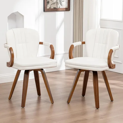 Miniatura 7 de Sillas de comedor giratorias de mediados de siglo, modernas sillas de cocina tapizadas de piel sintética negra con marco de madera curvada, sillas
