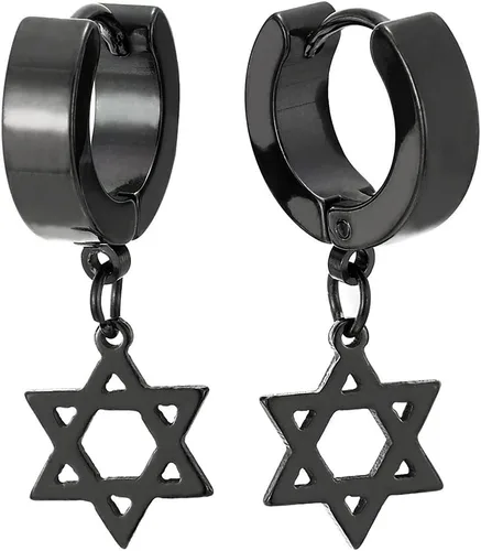Par de aretes de aro con bisagras de acero negro con estrella de David colgante para hombres y mujeres, Metal Acero aleado, no aplica
