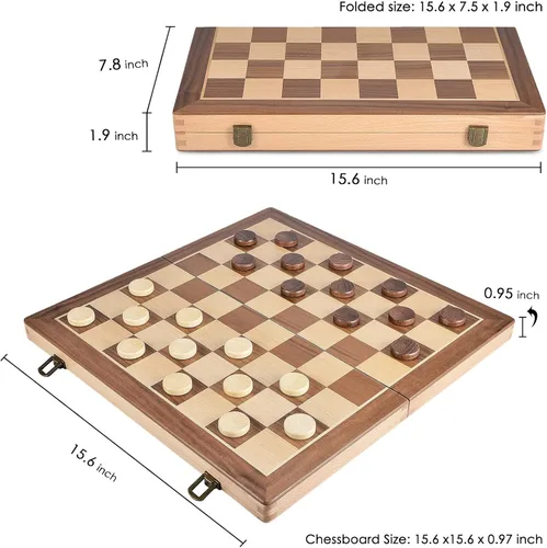 Miniatura 6 de AMEROUS Juego de ajedrez y damas de madera de 15 pulgadas con piezas de ajedrez ponderadas mejoradas - 2 reinas extra - 24 piezas de damas