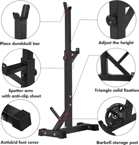 Miniatura 6 de BangTong&Li Soporte para sentadillas, estante para pesas, soporte de prensa de banco, soporte para gimnasio en casa, soporte de peso ajustable