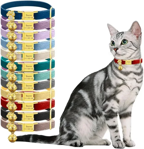 Miniatura 17 de Collar de gato personalizado con placa de nombre, collares ajustables de nailon resistente para identificación de gato con campana, personaliza