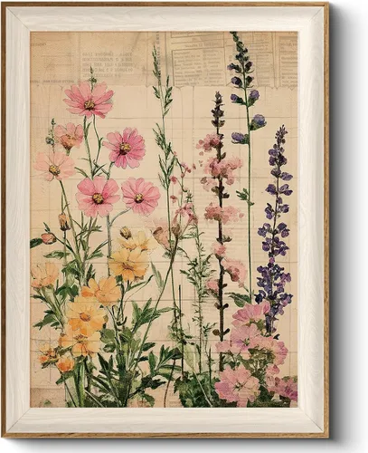 Arte de pared enmarcado de flores silvestres vintage de 12 x 16 pulgadas, impresión en lienzo botánico, ilustración de flores pastel, arte floral