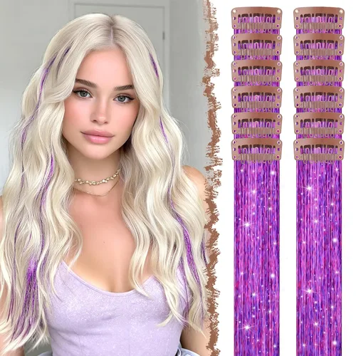 Miniatura 27 de FESHFEN Extensiones de cabello con clip de colores, 16 piezas de 8 colores resaltados, piezas de cabello sintético lacio con clip para mujer, 22