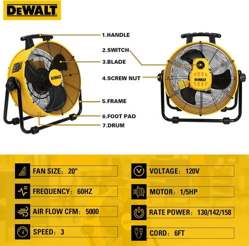 Miniatura 6 de DEWALT DXAM-2260 - Secador de aire portátil, 600 Cfm y DEWALT DXF-2042 industrial de alta velocidad, ventilador de almacén, movimiento resistente