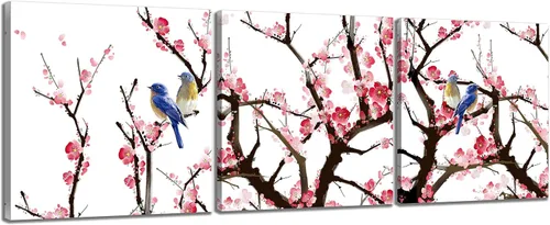 Miniatura 32 de Arte de Pared de Acuarela de Estilo Asiático Tradicional Chino Pájaro en Rama de Flor de Cerezo Roja Decoración Paisaje Floral Oriental Pintura