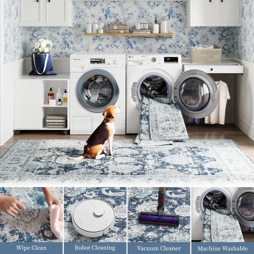 Miniatura 5 de Jinchan Fiora - Alfombra redonda de 8 pies, alfombras vintage con diseño floral envejecido, lavable a máquina, antideslizante, de pelo bajo, Azul