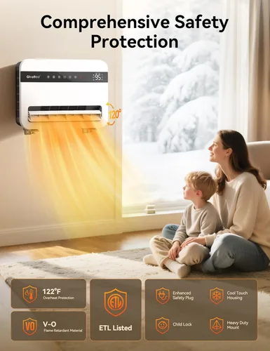 Miniatura 5 de Givebest - Calentador de pared para uso en interiores, calentador eléctrico de 1500 W, oscilación vertical de 120°, compatible con Alexa, termostato