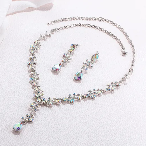 Miniatura 3 de EleQueen Austrian Crystal Necklace Earrings Bridal Jewerly Set for Brides Wedding Party Dress Costume Accessories for Women Iridescent AB Silver-Tone