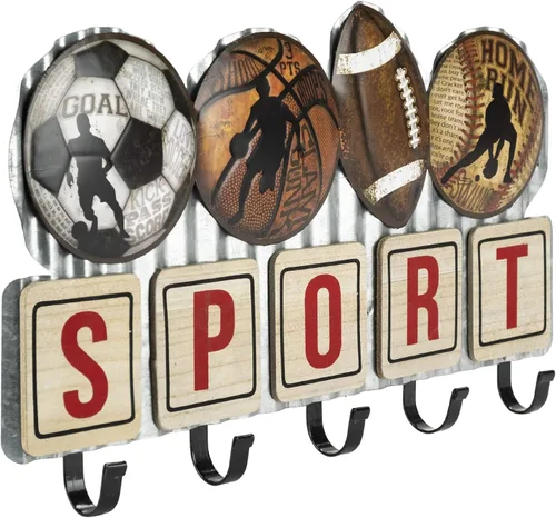 EXCELLO GLOBAL PRODUCTS Perchero deportivo de metal con 5 ganchos: diseño decorativo de pared para toallas, bolsos, sombreros, llaves, abrigos y