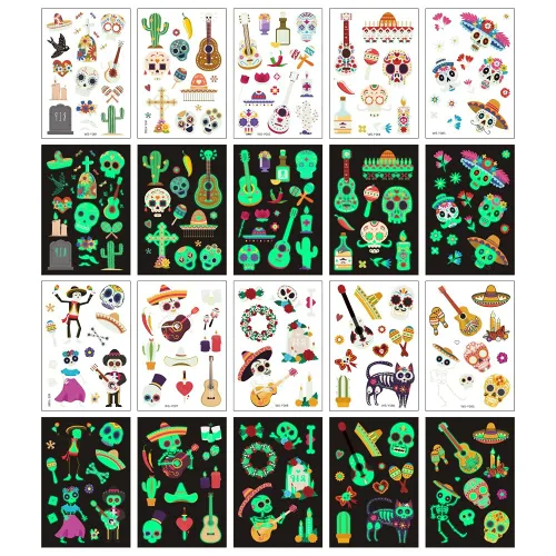 Miniatura 6 de 10 piezas de 100 tipos de tatuajes temporales luminosos de dibujos animados para niños, esqueletos de azúcar, esqueletos, piedras preciosas, flores