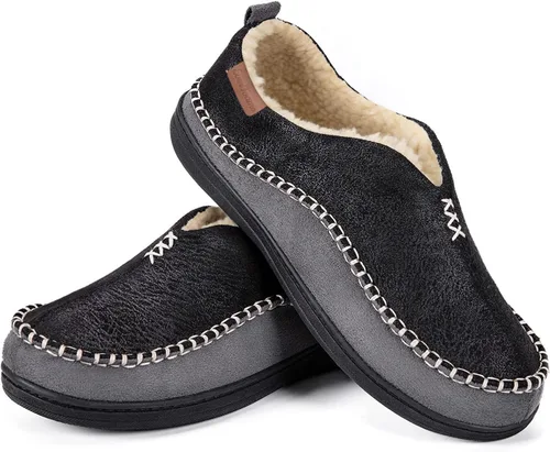 EverFoams Pantuflas tipo mocasín para hombre de espuma viscoelástica para interiores y exteriores, zapatos de casa de gamuza cálida con forro sherpa