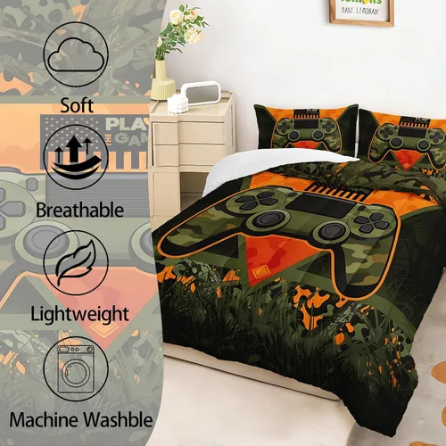 Miniatura 3 de AILONEN Juego de edredón de camuflaje para videojuegos, tamaño Queen, ropa de cama de microfibra con diseño de controlador de 3 piezas