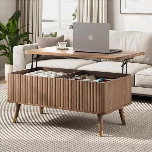 Miniatura 23 de JOINICE - Mesa auxiliar cuadrada con tapa elevable para sala estar u oficina en casa, con almacenamiento, compartimento oculto, estilo moderno Nogal