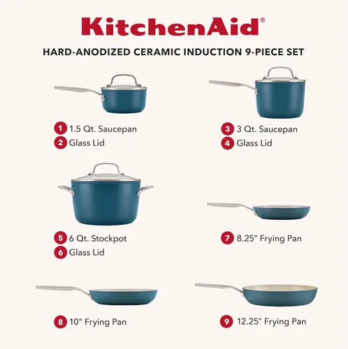 Miniatura 2 de KitchenAid Juego de ollas y sartenes antiadherentes de inducción de cerámica anodizada dura con cacerolas, sartenes, olla y tapas, apto para Agave