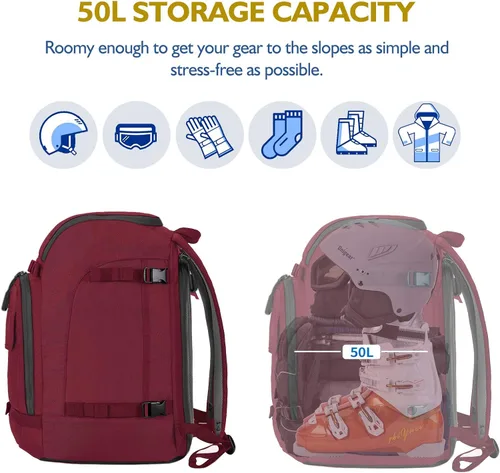 Miniatura 2 de Unigear - Mochila para botas de esquí para casco 50L/70L, lentes de protección, guantes, esquís, snowboard y accesorios Rojo