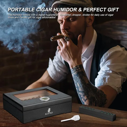 Miniatura 6 de XIFEI Humidor de puros, textura de fibra de carbono superior de vidrio con higrómetro digital, incluyendo humidificador de puros, divisor, caja