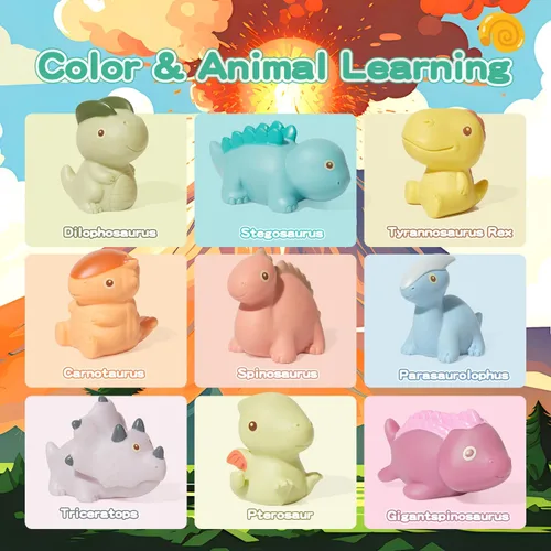 Miniatura 6 de AMCHSURI Juguetes de Baño, Paquete de 9 Dinosaurios Diseño de Juguetes de Baño Sellados, Sin Agujeros y Libres de Moho Suaves, Exprimibles