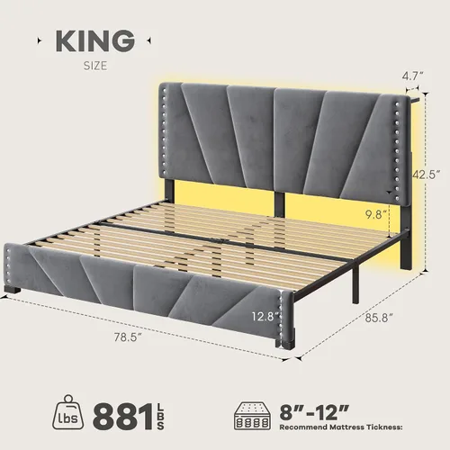 Miniatura 2 de EnHomee Marco de cama tamaño King, marco de cama de terciopelo con cabecero y luz LED, marco de cama de plataforma para dormitorio, apartamento, Gris