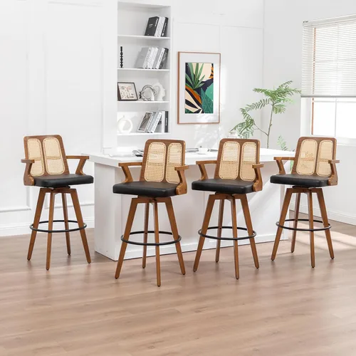 Miniatura 21 de Juego de 2 Taburetes de Mostrador - Taburetes Giratorios de 27 Pulgadas con Respaldo de Ratán, Brazos Curvos, Asiento Tapizado, Patas de Bambú Nogal