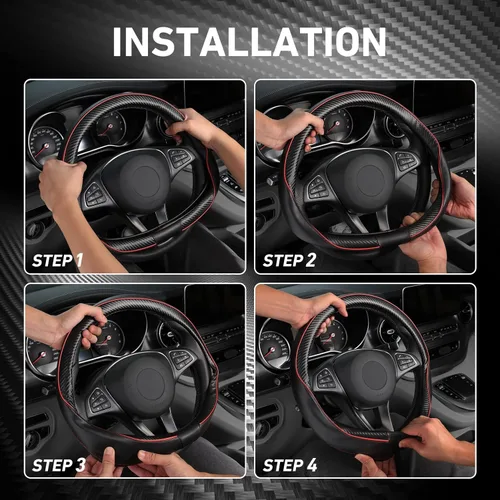Miniatura 6 de SEG Direct - Funda universal para volante de coche, tamaño estándar de 14 1/2 a 15 pulgadas, cuero con patrón de fibra de carbono, negro y rojo