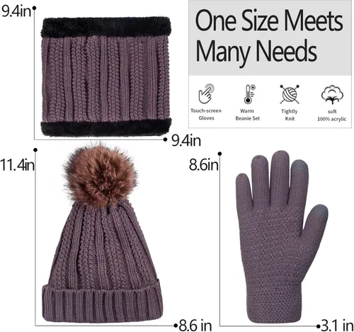 Miniatura 6 de Conjunto de bufanda de invierno para mujer, gorro de forro polar, bufandas para pantalla táctil, 3 en 1