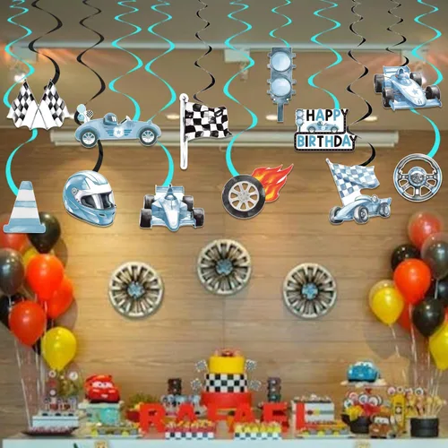 Miniatura 6 de Remolinos colgantes de cumpleaños de coche de carreras, 20 unidades, decoración de fiesta de autos de carreras, banderas a cuadros, serpentinas