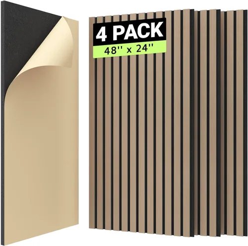 TONOR 4 paneles de listones de madera, paneles acústicos adhesivos de 48 x 24 pulgadas para pared, paneles decorativos 3D estriados para absorción