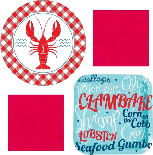 Suministros para fiestas de cangrejos – 16 platos llanos de cangrejos de cangrejo, 16 platos de postre de clambake y gumbo y 32 servilletas rojas
