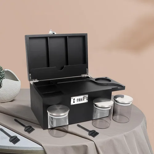 Miniatura 2 de lotmusic Caja de almacenamiento grande con bandeja extraíble deslizable, caja decorativa de bambú con 3 tarros de vidrio, cepillos de limpieza