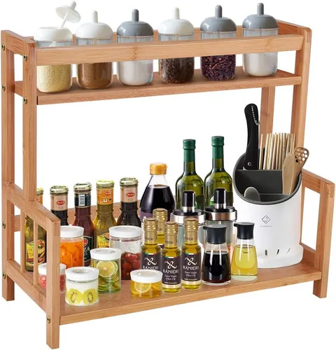 Organizador de encimera de cocina, estante de especias de bambú, organizador de estación de café, estante de encimera, soporte de almacenamiento de