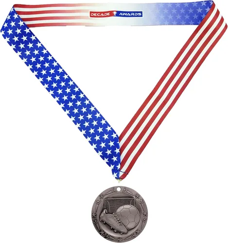 Miniatura 2 de Decade Awards Medalla de fútbol de clase mundial – Medallón de fútbol de 3 pulgadas de ancho con estrellas y rayas con cinta de cuello en V