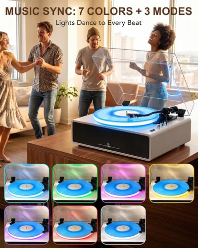 Miniatura 3 de Reproductor de discos con cuatro bocinas estéreo integradas, tres modos de iluminación LED, cartucho AT-3600L, reproductor de vinilos todo en uno