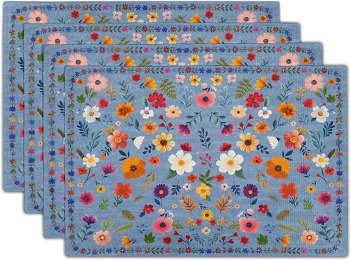 Miniatura 8 de Juego de 4 manteles individuales con estampado de flores de acuarela para decoración de mesa de comedor en el hogar, interior y exterior