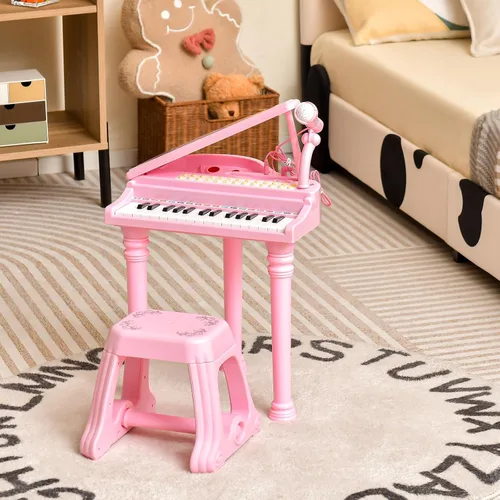 Miniatura 7 de Honey Joy - Piano mini clásico para niños con atril y taburete, piano electrónico portátil, instrumento musical educativo, juguete con micrófono
