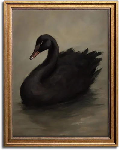 Aroutde Arte de Pared en Lienzo de Cisne Negro Enmarcado, Impresión de Cisne con Marco Dorado Vintage, Imagen de Animal Estilo Granja Rústico para